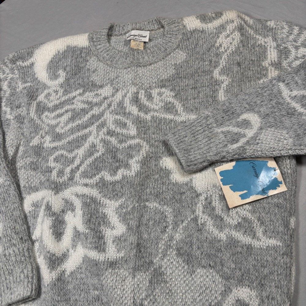 Carriage Court Sweater Women Large Gray VTGโ Floral Metallic Shoulder Pads NWT
